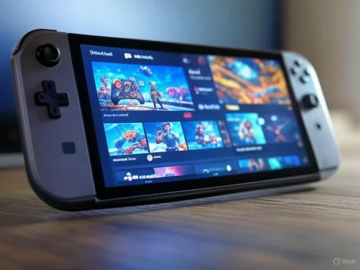 A handheld gaming console displays a gaming dashboard with various game thumbnails on a wooden surface.