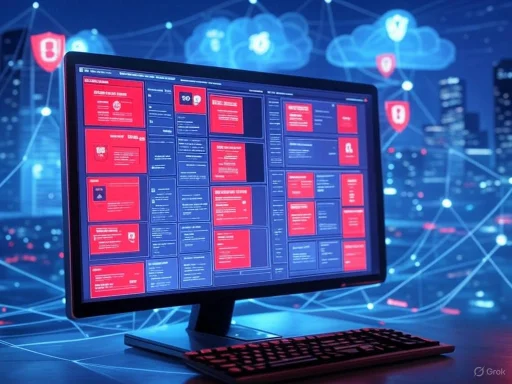 A computer monitor displays a cybersecurity dashboard with red and blue threat alerts against a digital cityscape background. A computer monitor displays a cybersecurity dashboard with red and blue threat alerts against a digital cityscape background.