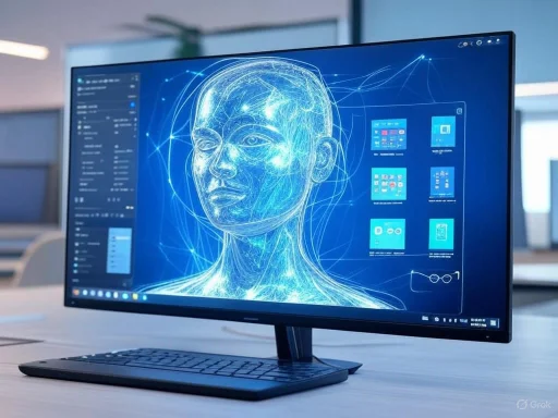 A computer screen displays a digital human face with neural network connections, indicating AI or facial recognition technology.