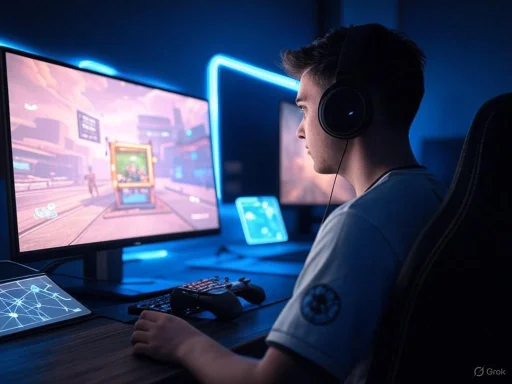 A young gamer wearing headphones plays a video game on a large monitor in a dimly lit, neon-accented room.