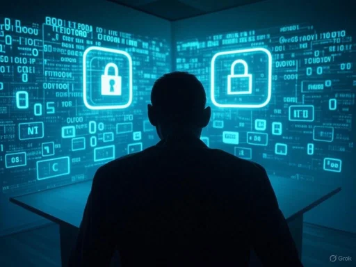 A person analyzes cybersecurity data on a digital screen filled with lock icons and code fragments.