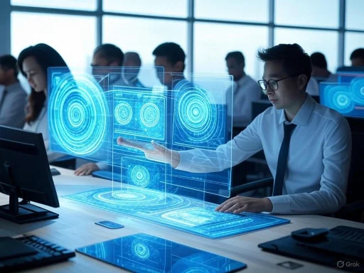 A businessman interacts with a holographic digital interface in a modern office setting. A businessman interacts with a holographic digital interface in a modern office setting.
