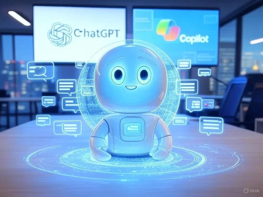 A futuristic chatbot robot surrounded by chat icons, with screens displaying ChatGPT and Copilot logos in the background. A futuristic chatbot robot surrounded by chat icons, with screens displaying ChatGPT and Copilot logos in the background.
