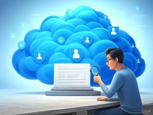 A person analyzes cloud storage and user data symbols on a computer screen with a magnifying glass.