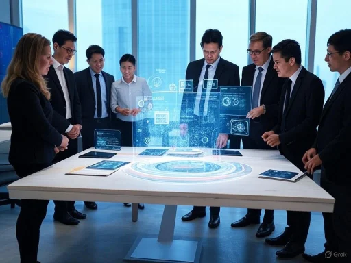 Business professionals examine a futuristic holographic interface in a modern office conference room.