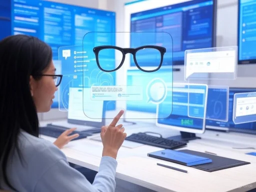 A person interacts with a virtual interface displaying glasses and data on multiple computer screens in a high-tech environment. A person interacts with a virtual interface displaying glasses and data on multiple computer screens in a high-tech environment.