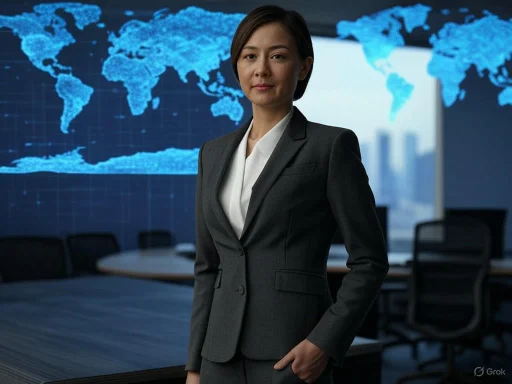 A professional woman in a suit standing confidently in a conference room with a digital world map in the background. A professional woman in a suit standing confidently in a conference room with a digital world map in the background.