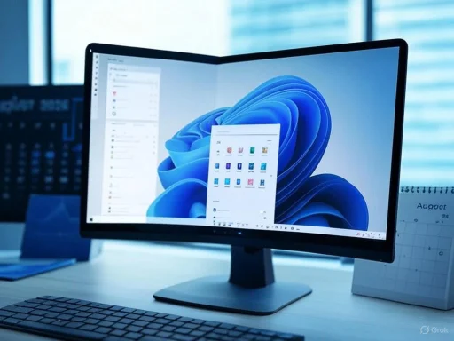 A dual-screen computer setup displaying Windows 11 desktop with a calendar and office applications in an office environment.