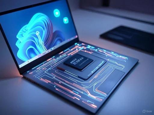 A futuristic laptop with glowing circuit patterns on the keyboard area and a vibrant digital display on the screen.