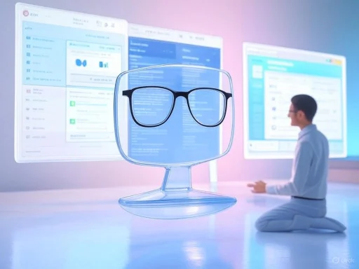 A person in white clothing kneels in front of large digital screens with eyeglasses and a computer-themed icon in the foreground.