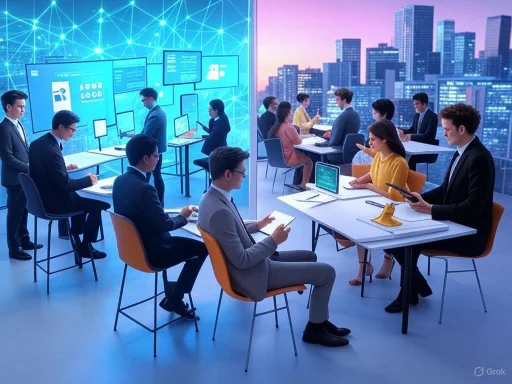 Business professionals working on laptops and tablets in a modern, high-tech office with city skyline views.