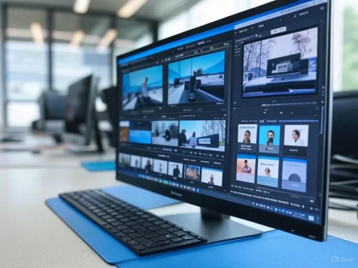 Video editing workspace with multiple screens displaying footage and editing tools in a modern office.