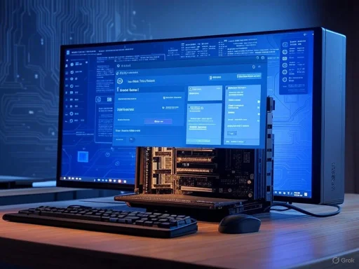 A desktop setup featuring a large monitor with a virtual interface, a keyboard, and a mini motherboard exposing circuitry.