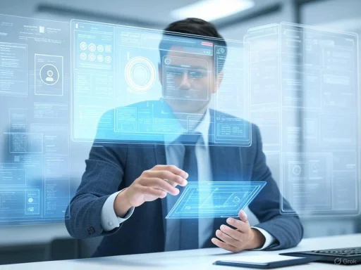 A man in a suit interacts with transparent, futuristic digital data displays in a modern office.