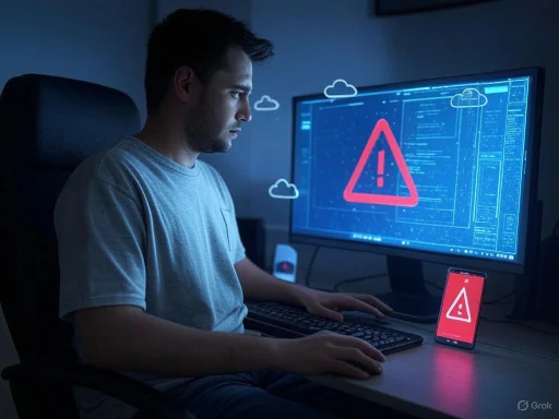 A person working at a computer with a warning alert displayed on the monitor and smartphone, indicating a security warning or error. A person working at a computer with a warning alert displayed on the monitor and smartphone, indicating a security warning or error.