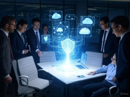 A group of professionals gathered around a table, viewing holographic cloud security and data protection icons.