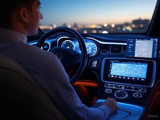 A person driving a modern car at dusk with illuminated digital dashboards and GPS screens.