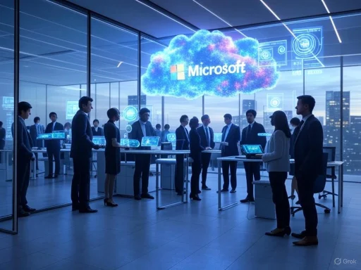 A group of professionals interacts in a modern office with digital and cloud visuals, featuring the Microsoft logo.