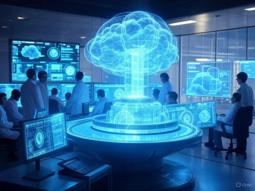 Scientists analyze a holographic digital explosion of a brain and nuclear bomb in a high-tech control room.