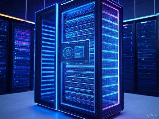 A modern data center with illuminated server racks glowing in blue and purple neon lights.