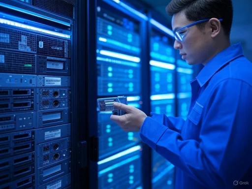 A technician checking a small server component in a data center filled with blue-lit servers.