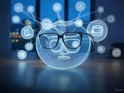 A futuristic digital illustration of a face with glasses surrounded by interconnected technology icons.