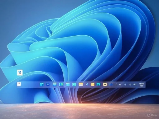 A computer desktop with a row of icons on a blue abstract flowing background, resembling a digital wave.