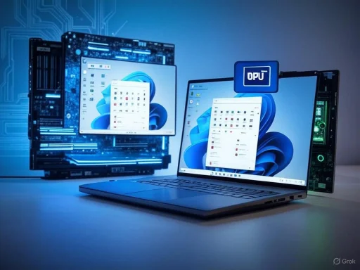 A futuristic laptop with a transparent display showing a Windows desktop, connected to a holographic circuit board.