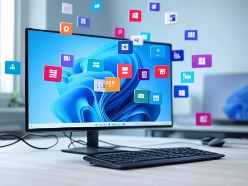A computer monitor displays colorful app icons with floating icons around, indicating digital organization or software.