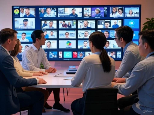 Team members participate in a video conference call displayed on a large screen, showing multiple remote participants.