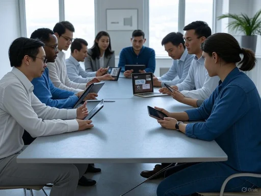 A diverse group of colleagues in a modern office, each engaged with tablets or smartphones during a meeting.