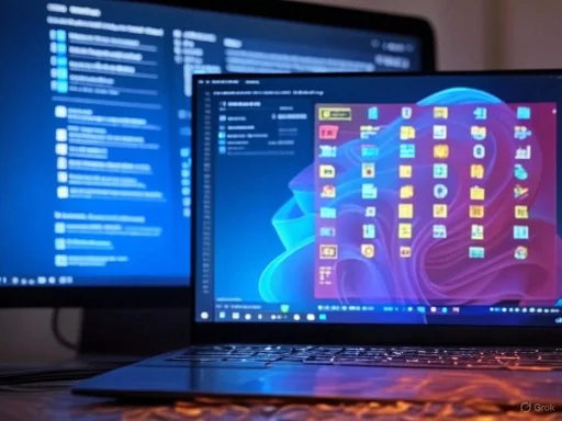 A laptop displays a colorful icons screen in front of a blurred desktop monitor with a file explorer window open. A laptop displays a colorful icons screen in front of a blurred desktop monitor with a file explorer window open.