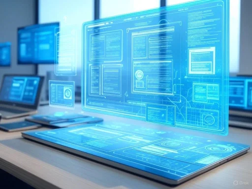 A futuristic digital interface displays holographic schematics and data over a laptop in a high-tech office setting. A futuristic digital interface displays holographic schematics and data over a laptop in a high-tech office setting.