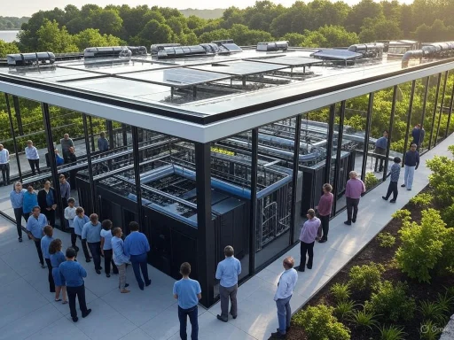 Group of people observing a modern, transparent data center with visible cooling and networking equipment outdoors.