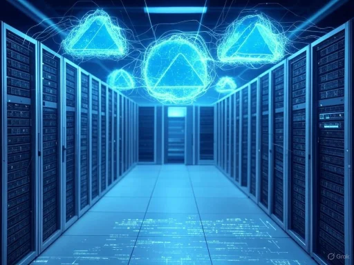 A futuristic data center with glowing digital icons and holographic symbols floating above rows of server racks.