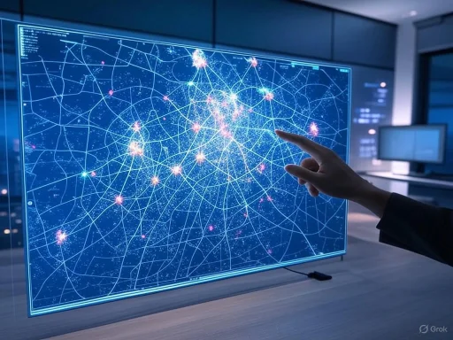 A person interacts with a digital map showing network connections, possibly representing a complex data or cyber system.