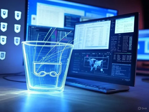 A holographic projection of a glass and sunglasses desk ornament in front of multiple computer screens displaying data and maps.