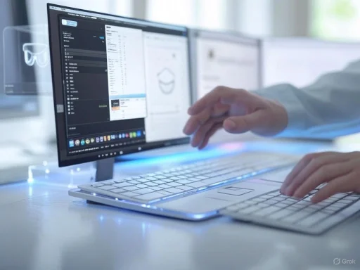 A person interacts with a dual-monitor setup, working on a computer with sleek, illuminated hardware.