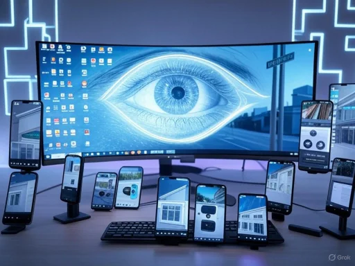 A large monitor displays a digital eye with multiple smartphones around it, suggesting surveillance or interconnected technology.
