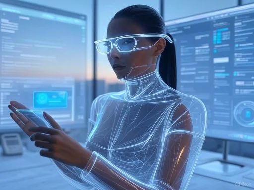 A futuristic woman with holographic body overlay using a smartphone, surrounded by digital screens in a high-tech environment.