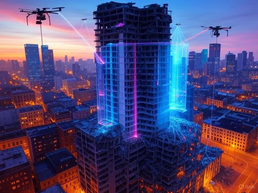 A developing skyscraper at sunset enhanced with futuristic neon and drone lights illuminating the cityscape.