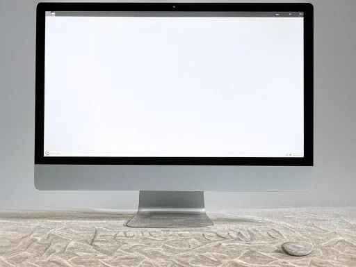 A computer monitor displays a blank, white screen on a textured surface with a small round object nearby.