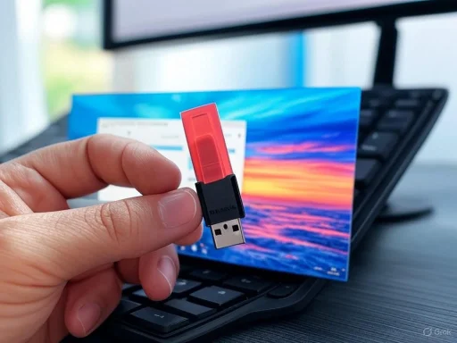 A person's hand holding a USB flash drive in front of a laptop and a colorful computer screen.