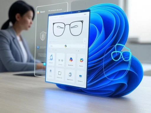 A woman sits at a desk with a holographic display of glasses and a 3D layered blue design in a modern office setting. A woman sits at a desk with a holographic display of glasses and a 3D layered blue design in a modern office setting.