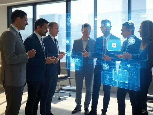 Business professionals discuss futuristic digital graphics in a modern office setting. Business professionals discuss futuristic digital graphics in a modern office setting.