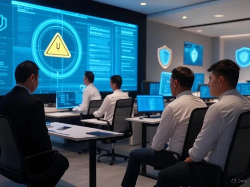 Team of professionals monitors cybersecurity threat on large digital screens in a high-tech control room.