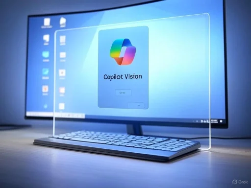 A computer monitor displays the 'Copilot Vision' software login screen, with a keyboard and a transparent security screen in front.