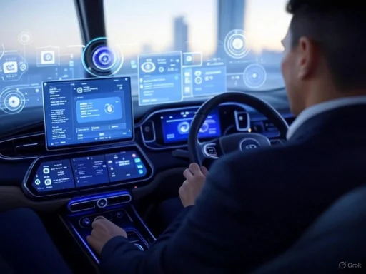 A person in a suit controls a futuristic, high-tech vehicle cockpit with holographic displays and digital interfaces.