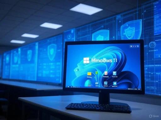 A computer workstation displaying Windows 11 with a background of digital security shield icons on a blue high-tech screen.