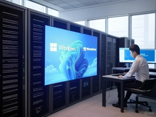 A person working on a computer in a data center with large screens displaying Windows 11 updates.